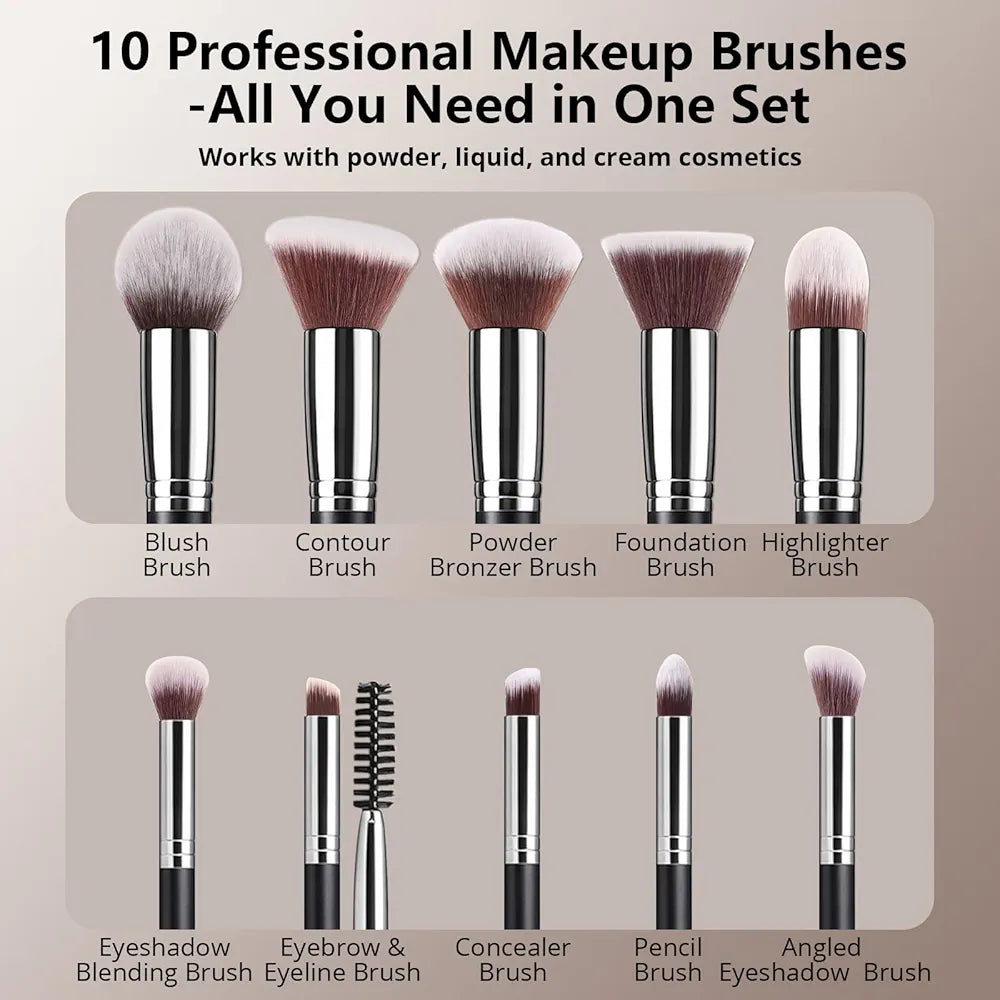 BEAKEY Professional 10-Piece Makeup Brush Set with 2 Blender Sponges and Travel Case