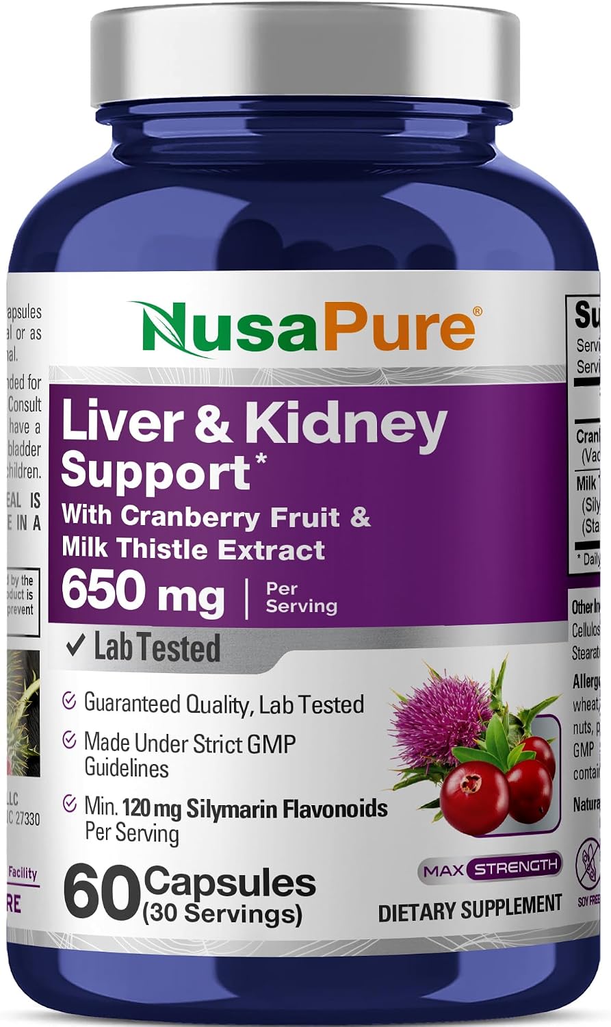 NusaPure Liver & Kidney Support with Cranberry Fruit & Milk Thistle Extract 650 mg 60 Capsules Non-GMO Soyfree Dietary Supplement