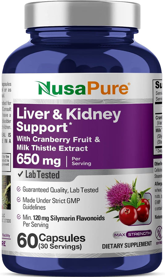 NusaPure Liver & Kidney Support with Cranberry Fruit & Milk Thistle Extract 650 mg 60 Capsules Non-GMO Soyfree Dietary Supplement