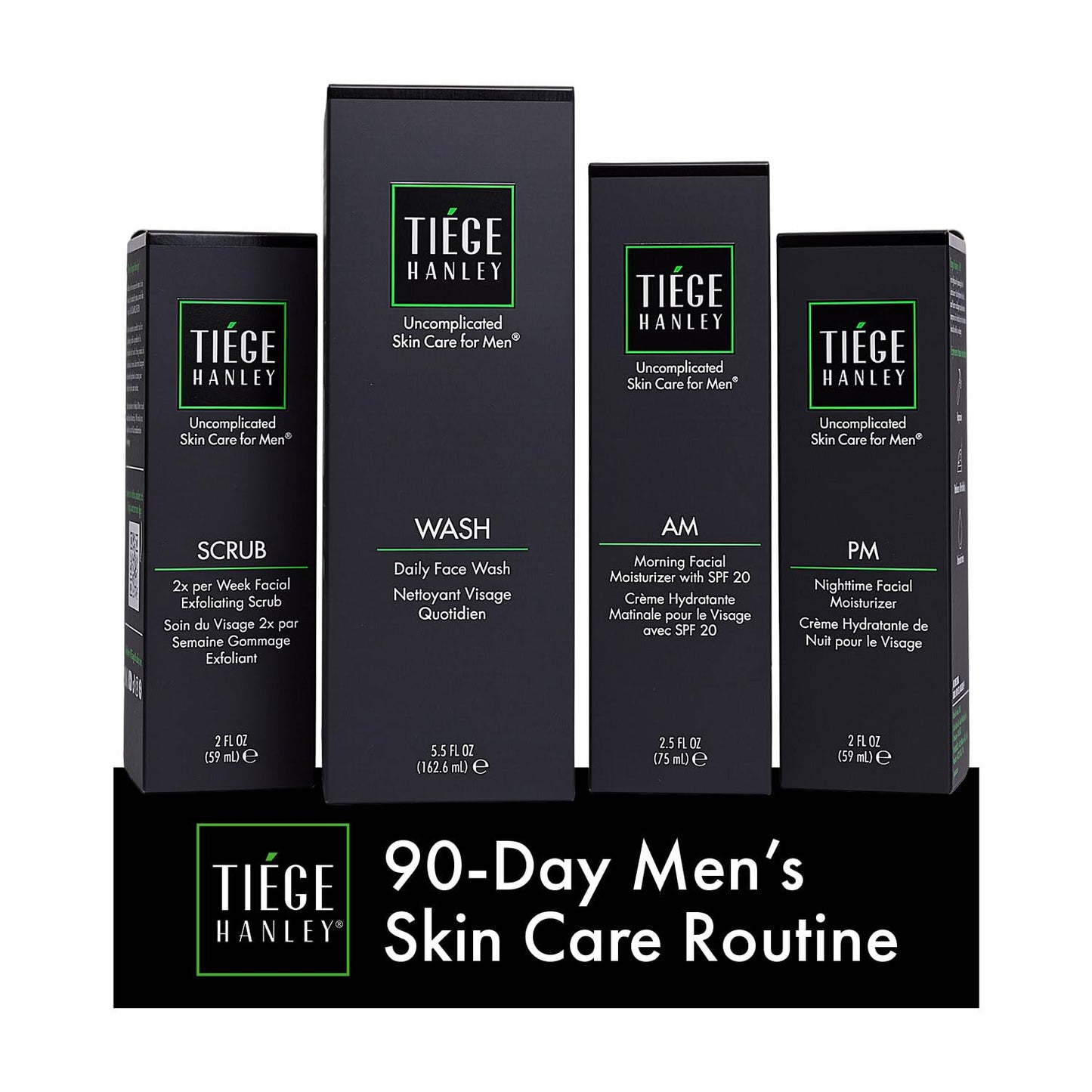 Tiege Hanley Essential Men's Skin Care Set, 30-Day, 4 Piece Kit | Level 1 Essential Routine, Daily Face Wash, Facial Scrub, AM SPF & PM Moisturizers