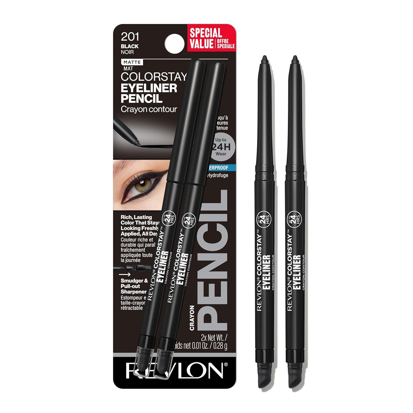 Revlon ColorStay Pencil Waterproof Eyeliner, Smudge-Proof, Eye Makeup with Built-In Sharpener, Long-Lasting, Matte Finish, 202 Black Brown, 0.01 oz | Waterproof pencil eyeliner with built-in sharpener. Smudge-proof, long-lasting, intense matte color.