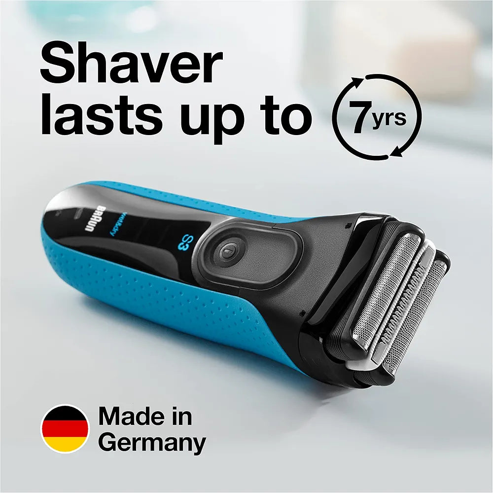 Braun Series 3 Electric Foil Shaver for Men with Precision Trimmer, Rechargeable Wet & Dry Use, Blue/Black, 4-Piece Set