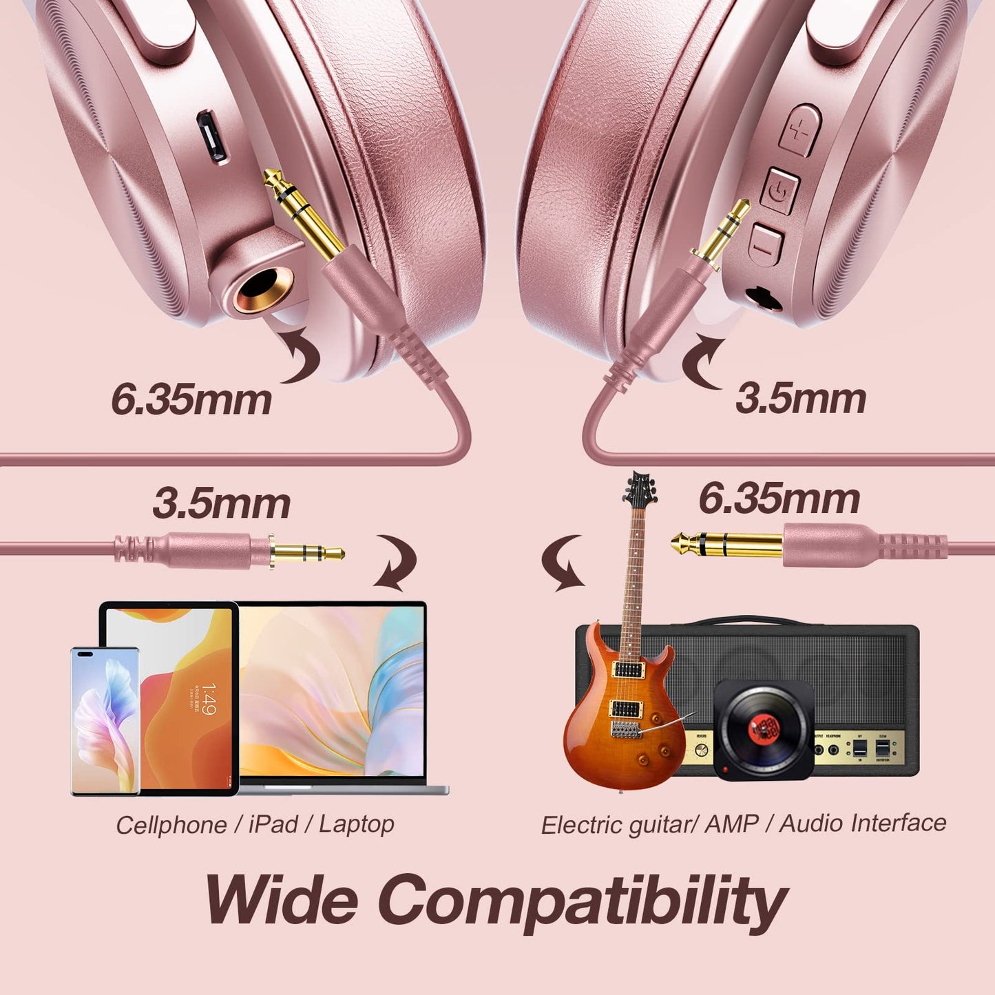 OneOdio A70 Bluetooth Over-Ear Headphones, Hi-Res Wired DJ Studio - Black | Wireless over-ear headphones with 72H playtime, 3.5mm/6.35mm wired jacks for studio monitoring, mixing, guitar, amp and PC