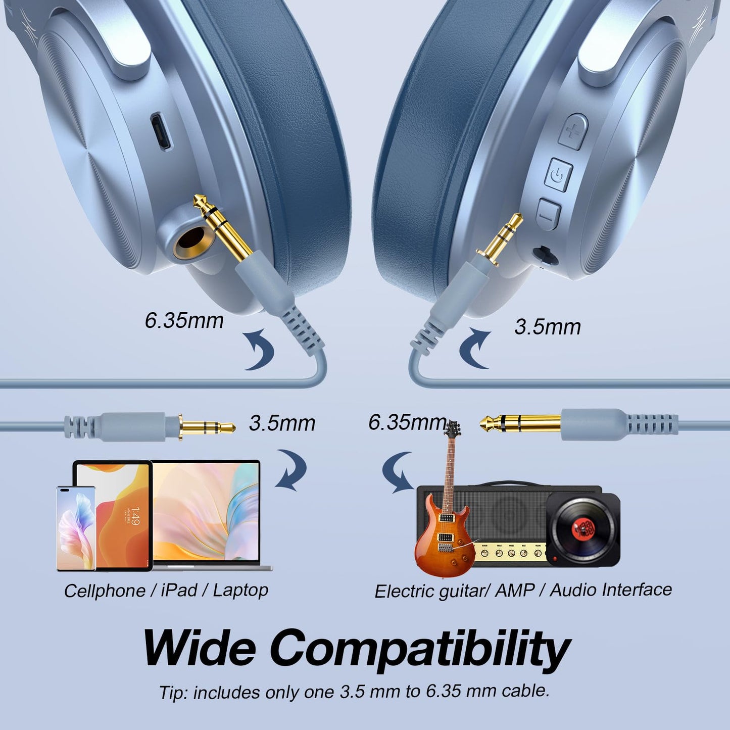 OneOdio A70 Bluetooth Over-Ear Headphones, Hi-Res Wired DJ Studio - Black | Wireless over-ear headphones with 72H playtime, 3.5mm/6.35mm wired jacks for studio monitoring, mixing, guitar, amp and PC