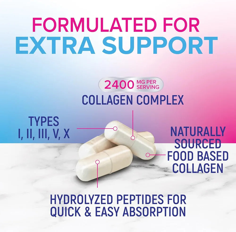 Multi Collagen Complex Pills - Hydrolyzed Collagen Peptides Capsules for Women & Men - Types I, II, III, V, X Multi Collagen - Hair, Skin & Nails Support Supplement - Bottled in USA - 120 Capsules