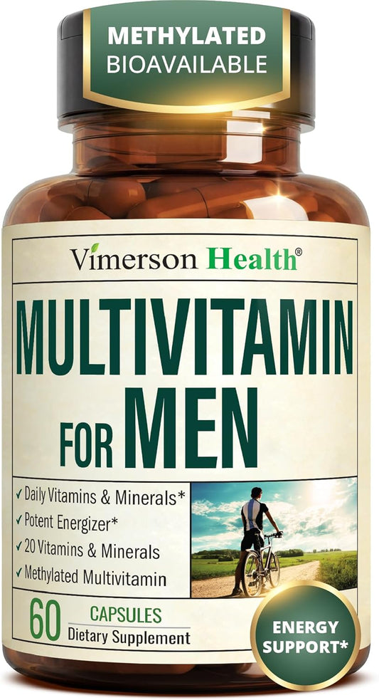 Vimerson Health Multivitamin for Men: Methylated B Vitamins, Chelated Minerals and Bioavailable D3 for Focus and Energy Support – Daily Mens Multivitamins and Multiminerals – 60 Capsules