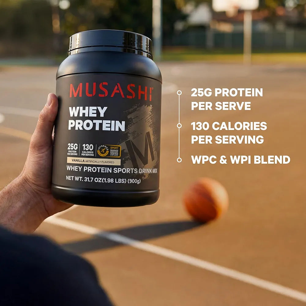 Musashi Whey Protein Powder, Vanilla, 900g , WPC & WPI Blend, 25g Protein, 130 Calories per Serving