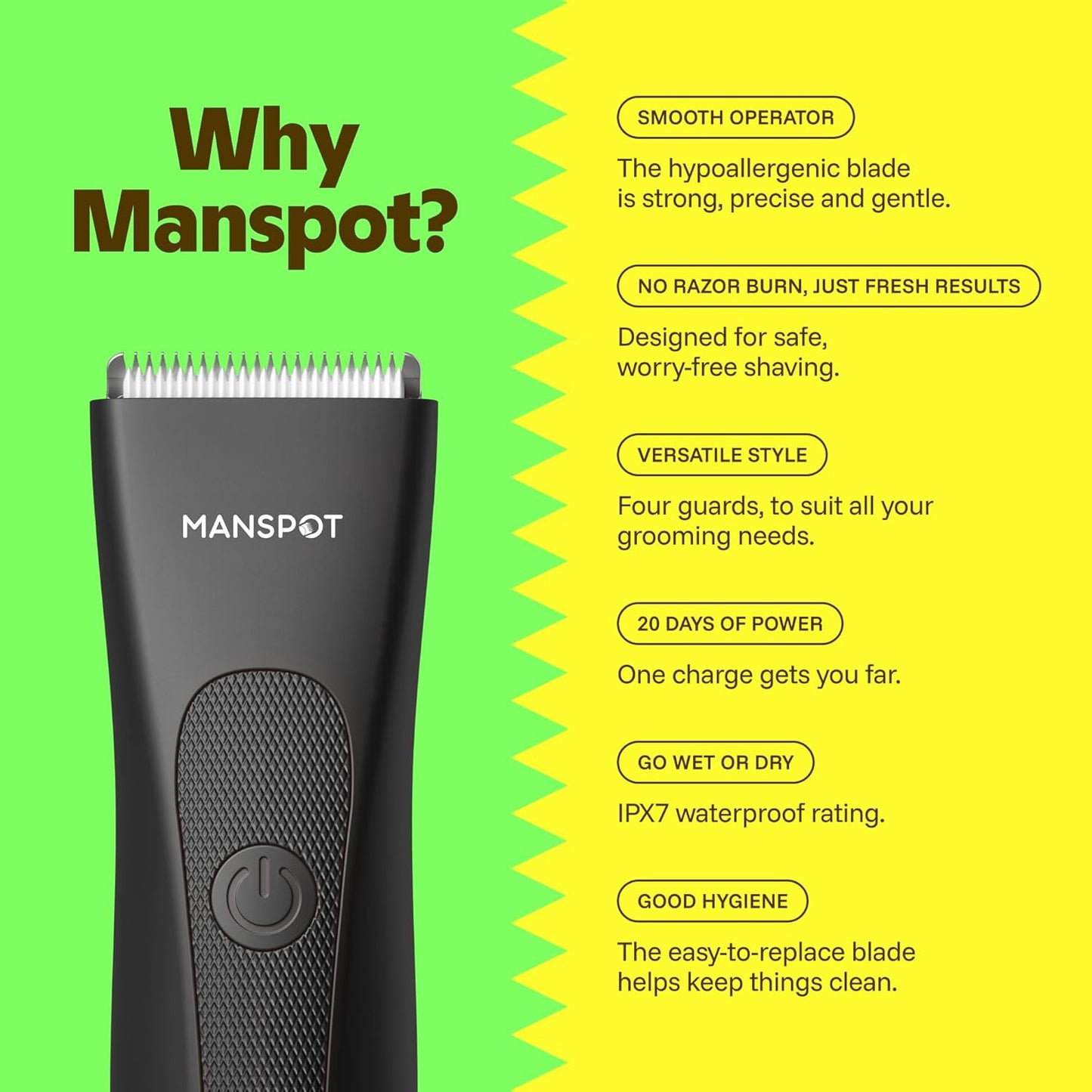 MANSPOT Manscape Groin & Body Hair Trimmer for Men, Electric Pubic Shaver | Replaceable Ceramic Blade, Ball Razors for Men, Manscape Kit with 4 Guards, IPX7 Waterproof, Wet/Dry Use, 90-Minute Shaving