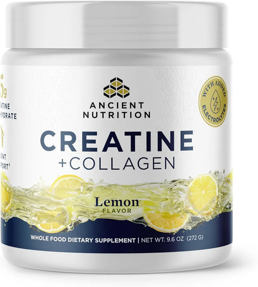 Ancient Nutrition Creatine + Collagen + Electrolytes – Muscle Strength, Lean Body Mass, Joint Comfort & Cognitive Support – Includes 5g Creatine Monohydrate for Women, Lemon 