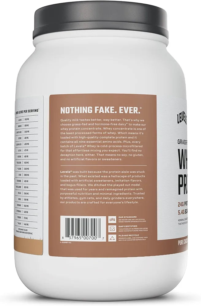 Levels Grass Fed Whey Protein Powder, No Artificials, 24G of Protein, Pure Chocolate, 2LB