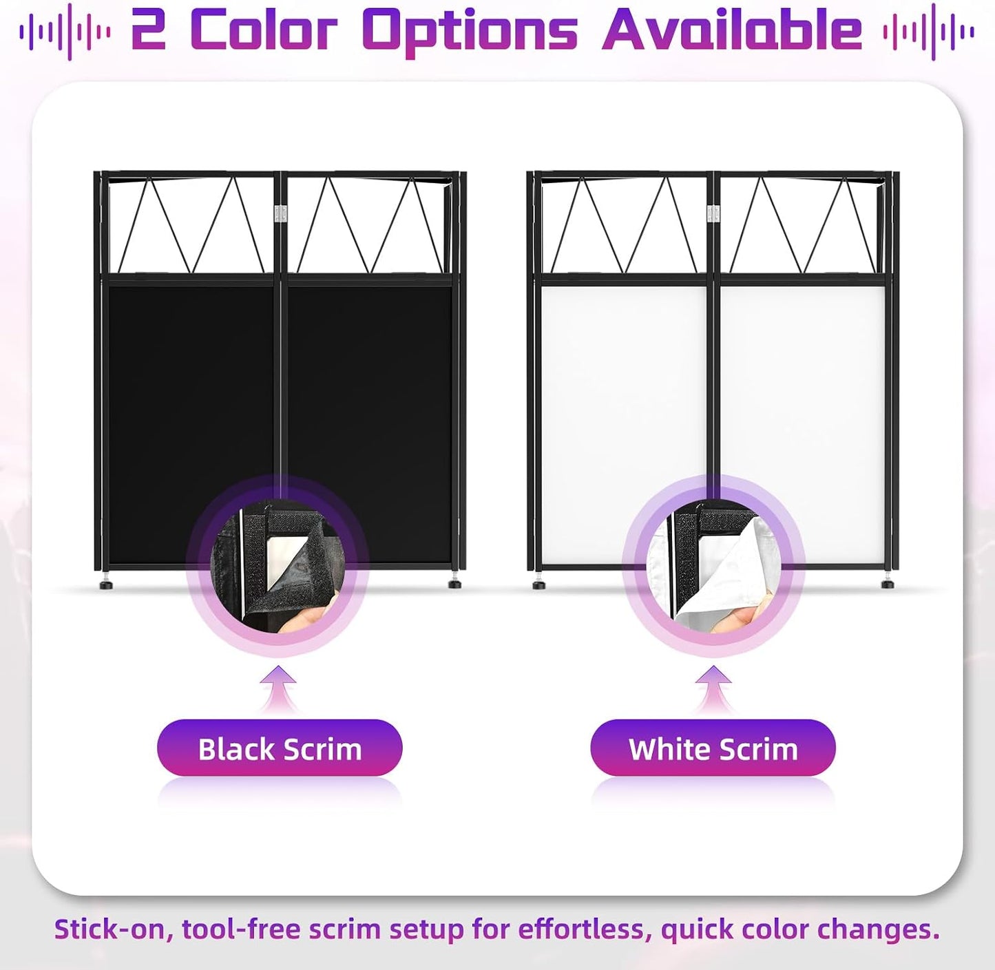 Portable DJ Booth Facade Stand, DJ Table Stand, DJ Facade Booth with White & Black Scrims, Includes Carry Bag & Two Top Corners Table, Tool-Free Setup, for Parties, Events, Studios (40"L x 20"W)