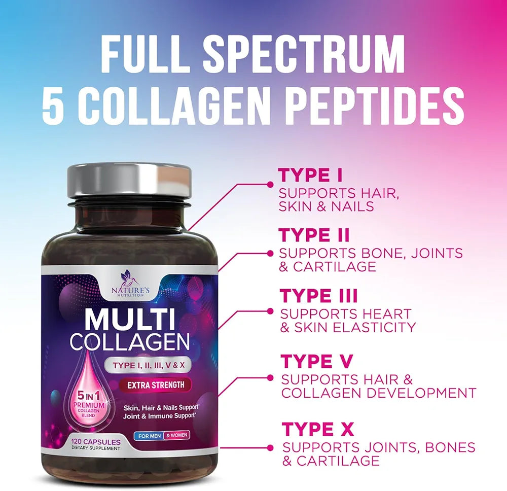 Multi Collagen Complex Pills - Hydrolyzed Collagen Peptides Capsules for Women & Men - Types I, II, III, V, X Multi Collagen - Hair, Skin & Nails Support Supplement - Bottled in USA - 120 Capsules