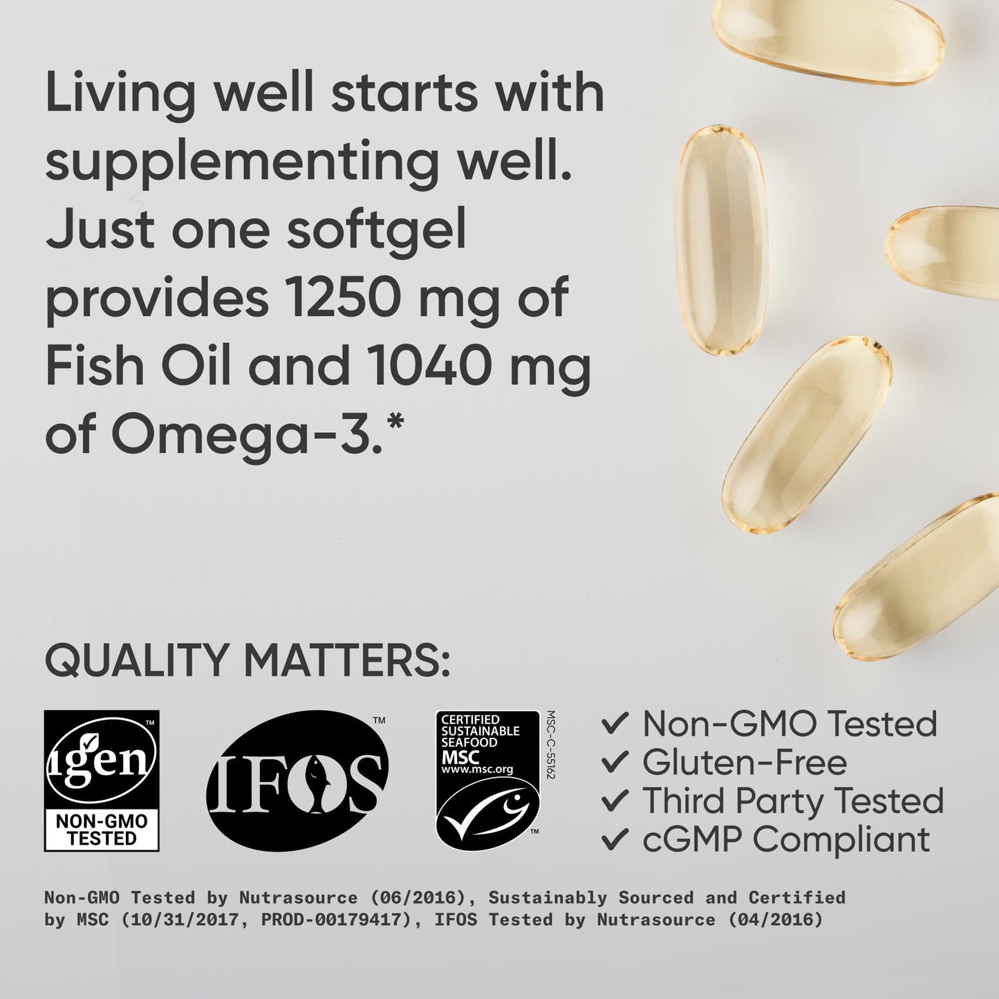 Sports Research® Omega-3 Fish Oil 1250mg from Wild Alaska Pollock, 30 Count | Always Fresh Never Fishy | 690mg EPA 260mg DHA per Softgel · Heart & Brain Health* · MSC Certified Sustainable - 30 Servings