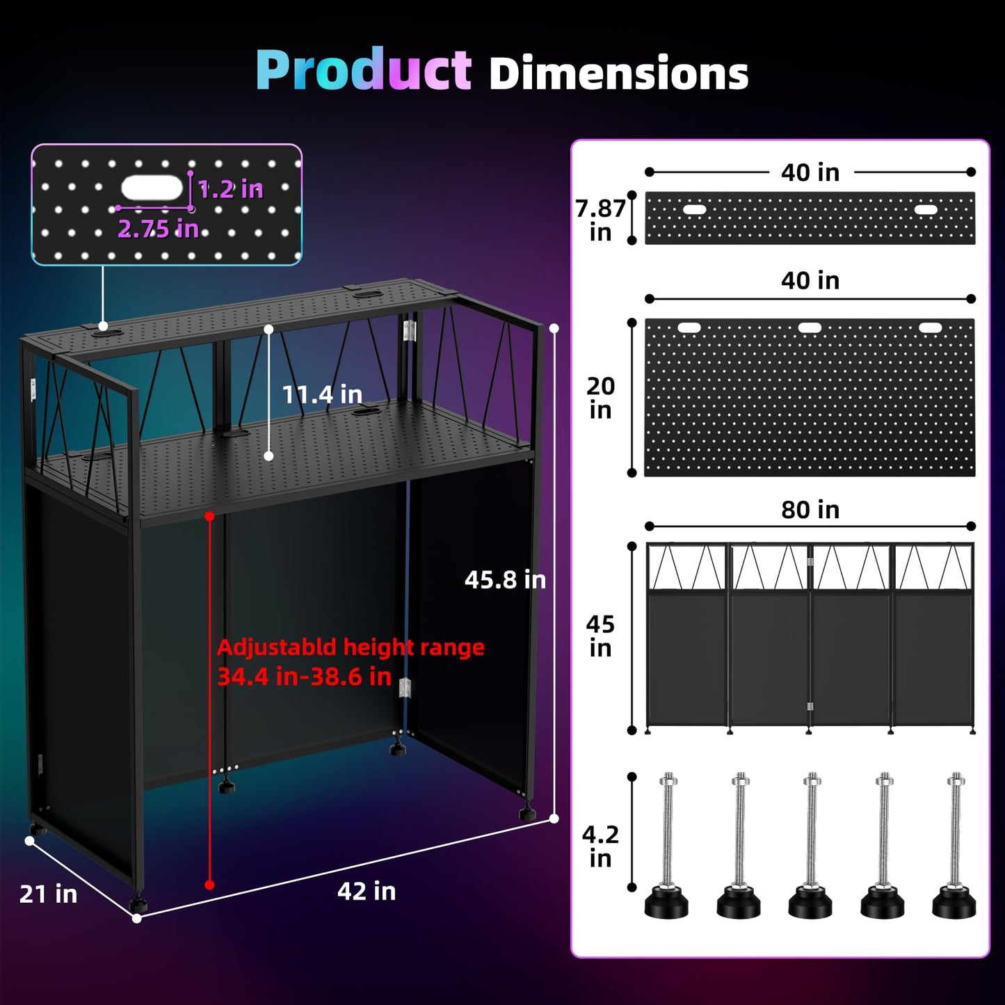 Portable DJ Booth Facade Stand, DJ Table Stand, DJ Facade Booth with White & Black Scrims, Includes Carry Bag & Two Top Corners Table, Tool-Free Setup, for Parties, Events, Studios (40"L x 20"W)