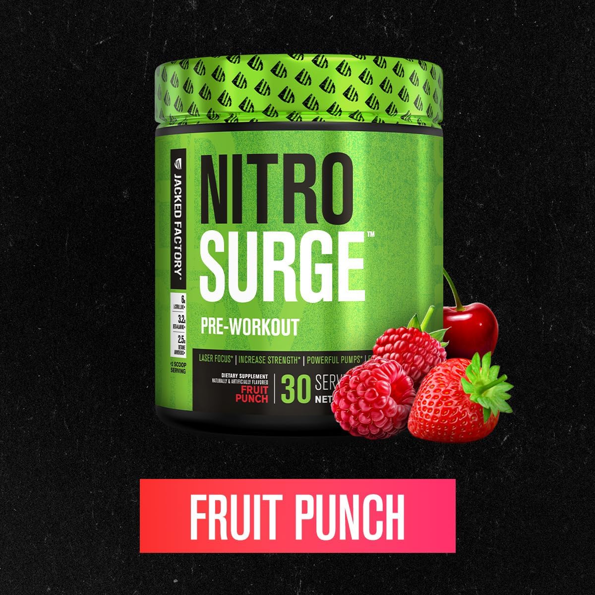 Jacked Factory NITROSURGE Pre Workout Supplement - Endless Energy, Instant Strength Gains, Clear Focus, Intense Pumps - NO Booster & Preworkout Powder with Beta Alanine - 30 Servings, Cherry Limeade
