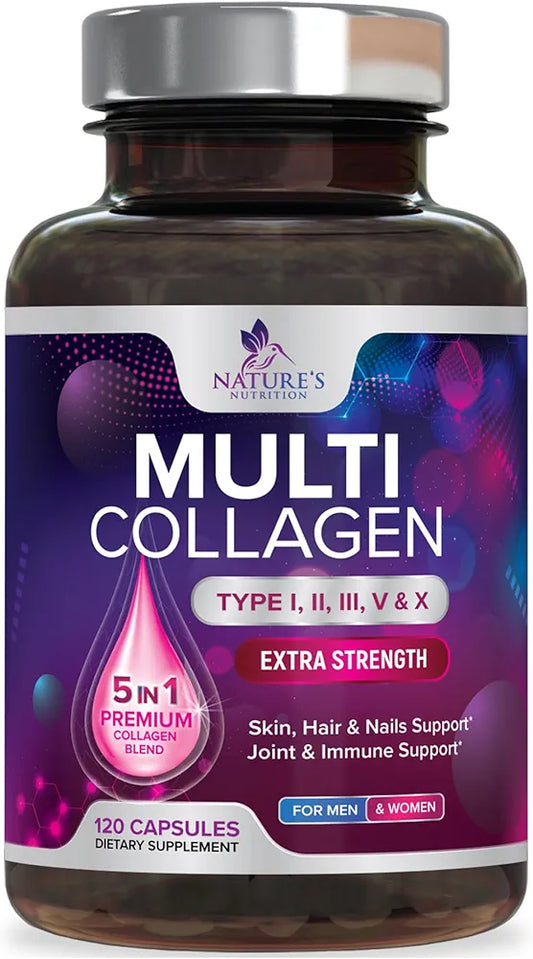 Multi Collagen Complex Pills - Hydrolyzed Collagen Peptides Capsules for Women & Men - Types I, II, III, V, X Multi Collagen - Hair, Skin & Nails Support Supplement - Bottled in USA - 120 Capsules