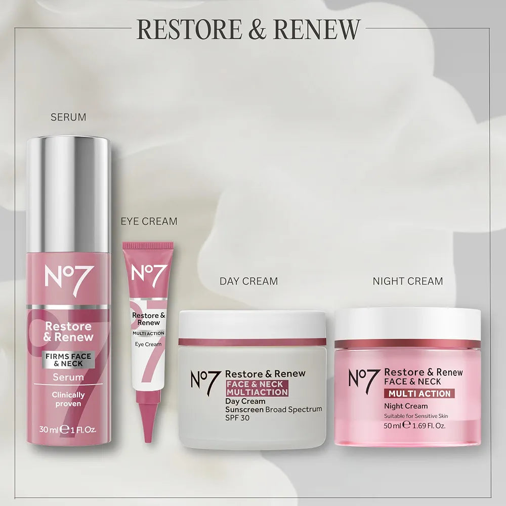 No7 Restore & Renew Multi Action Face & Neck Cream SPF 30 - Anti-Aging Moisturizer with Hyaluronic Acid, Peptides, and Ceramides for Firming and Hydrating Crepey Skin