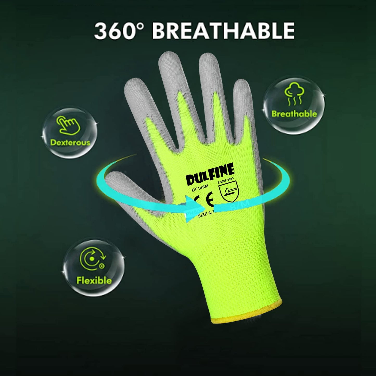 DULFINE Safety Work Gloves for Men & Women, PU Coated Seamless Knit Grip