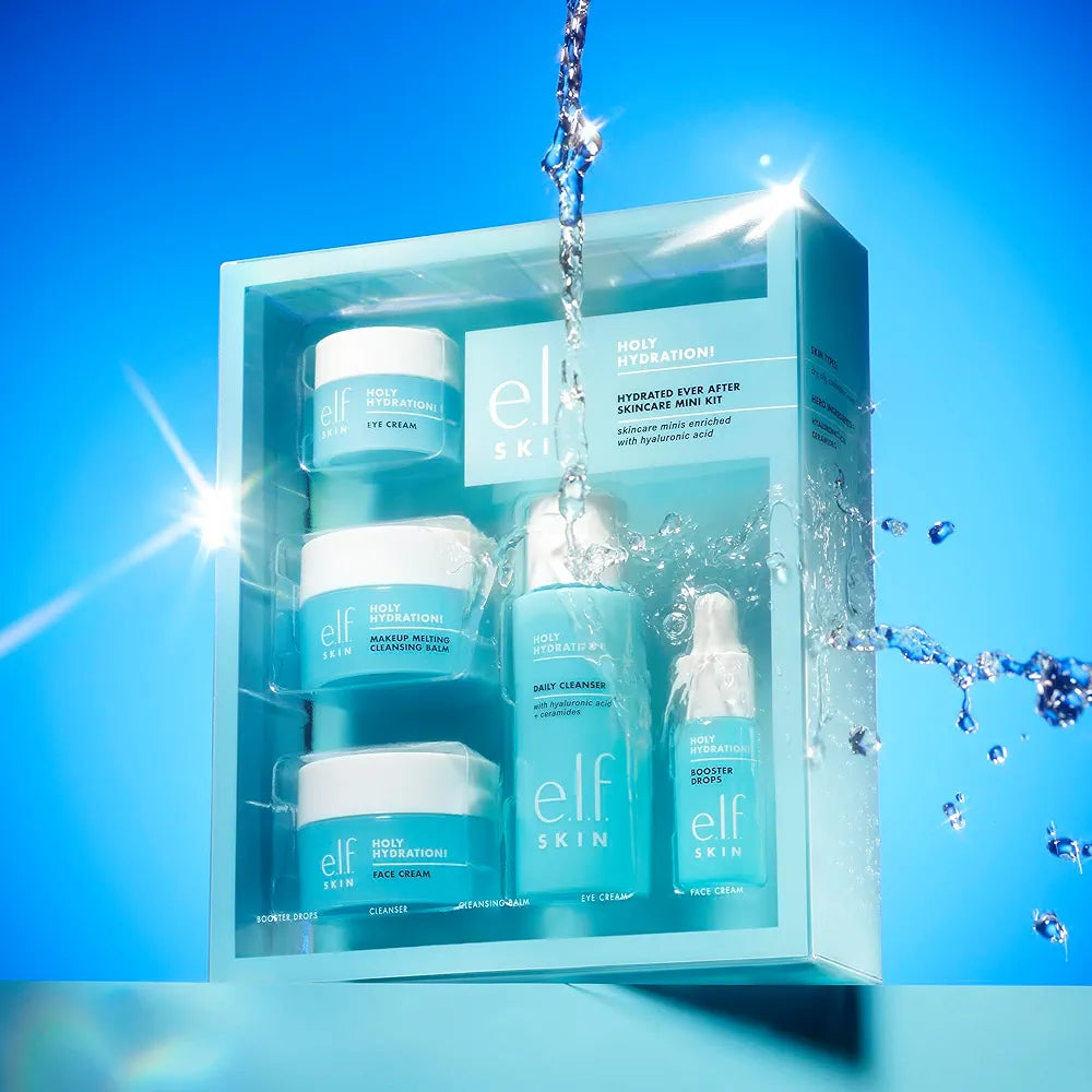 e.l.f. SKIN Holy Hydration! 4-Piece Travel-Friendly Skincare Mini Kit with Cleanser, Makeup Remover, Moisturizer, and Eye Cream