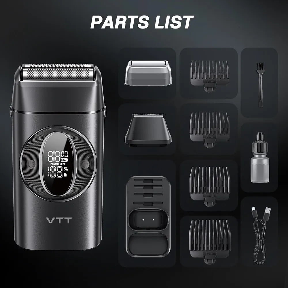 VTT 2-in-1 Electric Foil Shaver and Beard Trimmer - Waterproof Wet/Dry Grooming Kit with Titanium Blades and LED Display