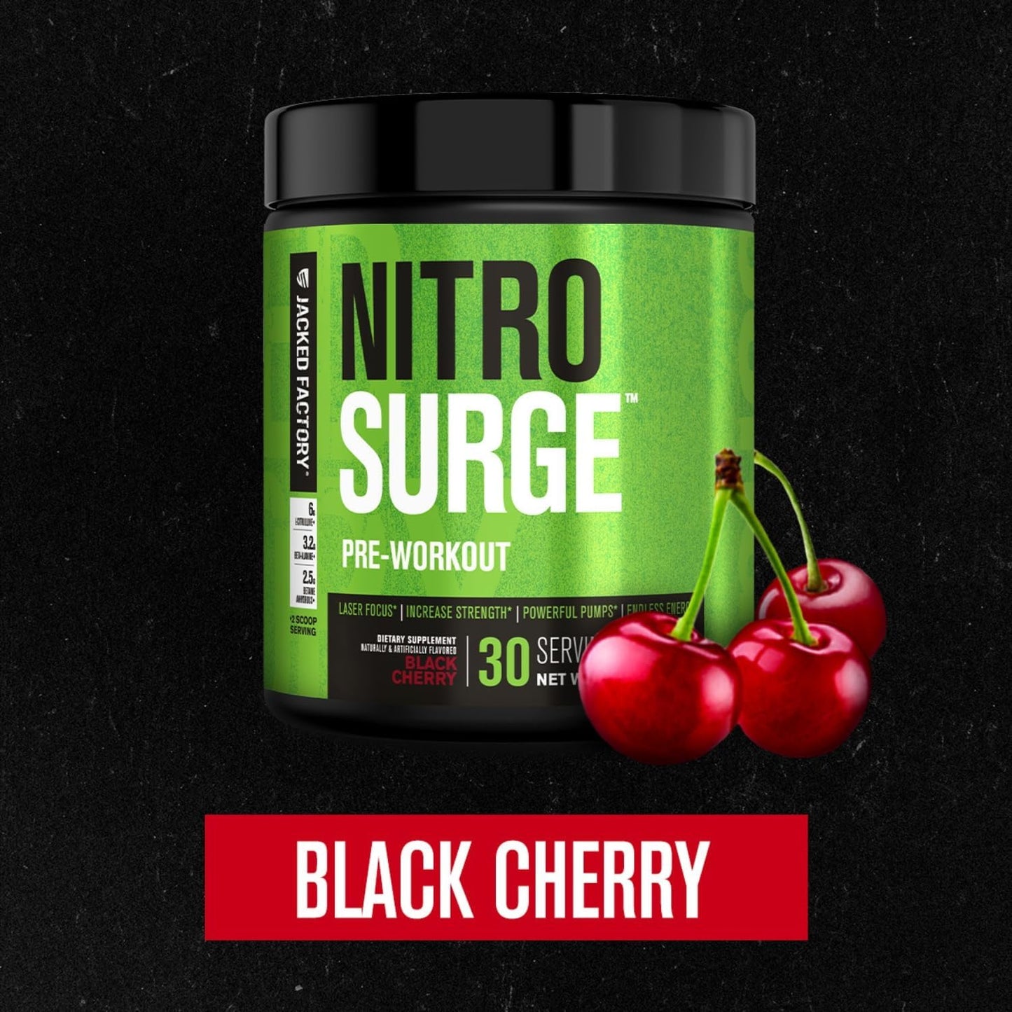 Jacked Factory NITROSURGE Pre Workout Supplement - Endless Energy, Instant Strength Gains, Clear Focus, Intense Pumps - NO Booster & Preworkout Powder with Beta Alanine - 30 Servings, Cherry Limeade