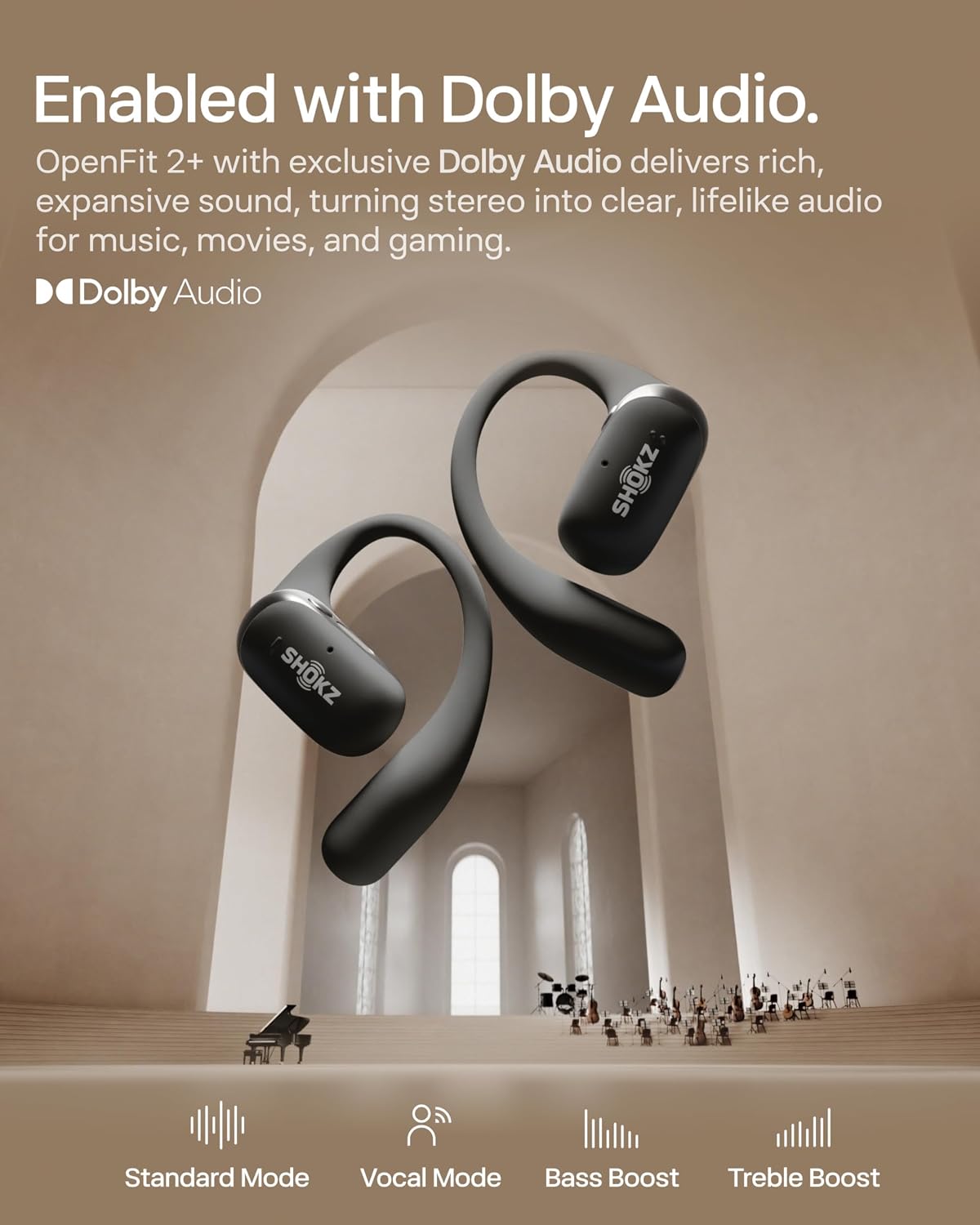 SHOKZ OpenFit 2+ Open-Ear Earbuds, Black, Dolby Audio,Wireless Charging | Soft Ear Hooks； IP55 Water-Resistant; USB-C Fast Charging；48H Playtime; Gym/outdoor/home use