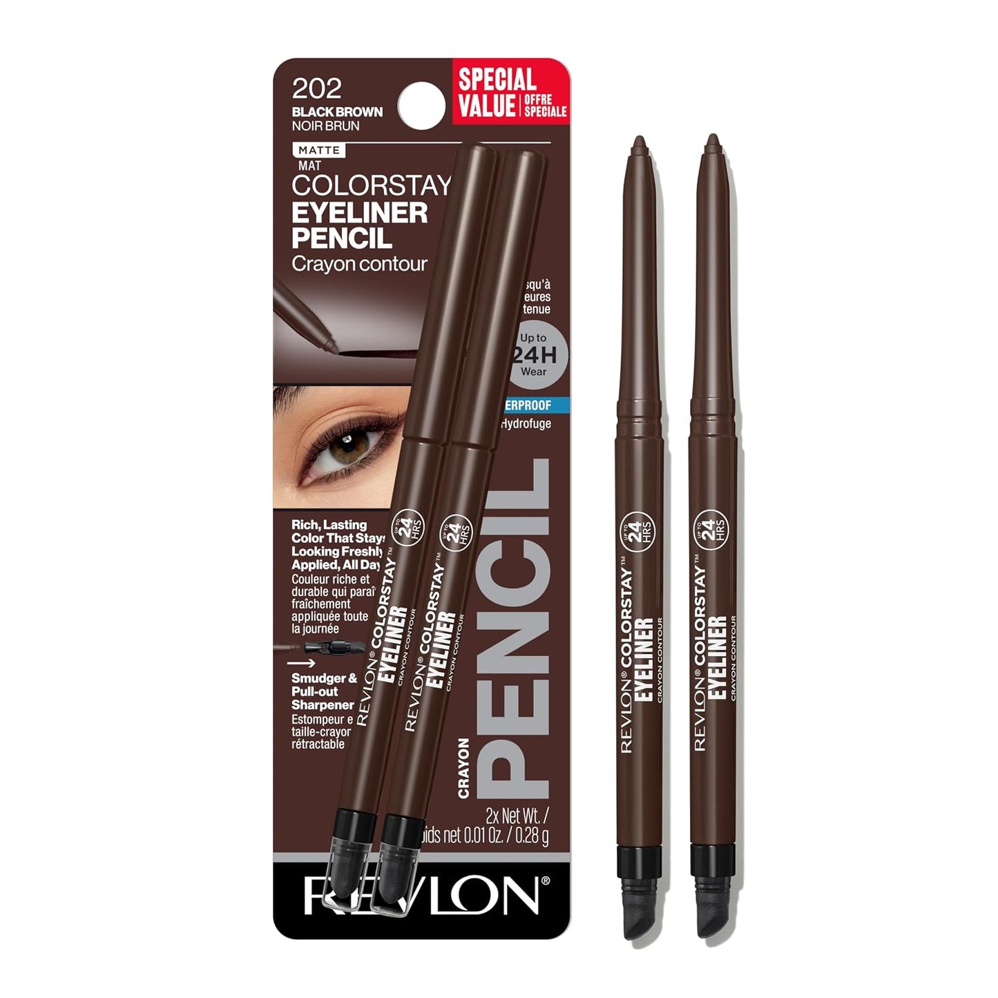 Revlon ColorStay Pencil Waterproof Eyeliner, Smudge-Proof, Eye Makeup with Built-In Sharpener, Long-Lasting, Matte Finish, 202 Black Brown, 0.01 oz | Waterproof pencil eyeliner with built-in sharpener. Smudge-proof, long-lasting, intense matte color.