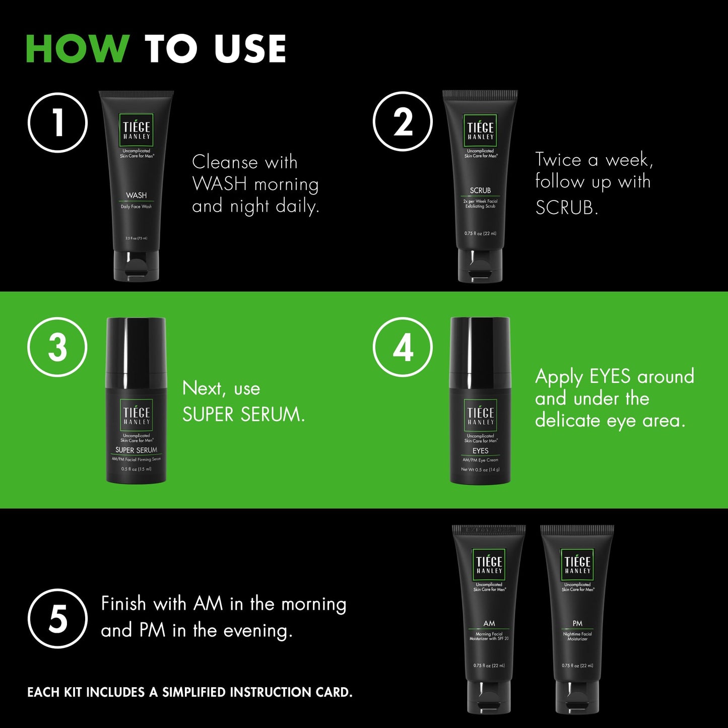 Tiege Hanley Essential Men's Skin Care Set, 30-Day, 4 Piece Kit | Level 1 Essential Routine, Daily Face Wash, Facial Scrub, AM SPF & PM Moisturizers