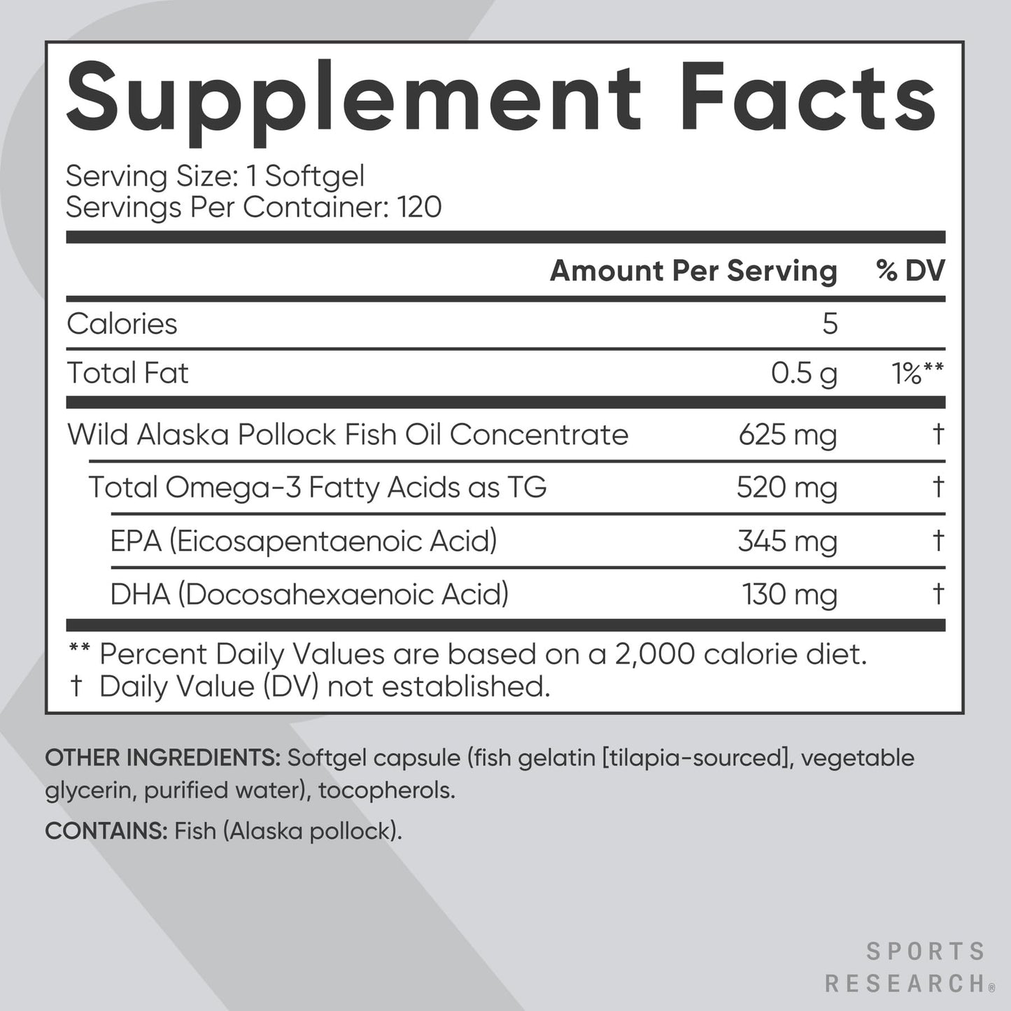 Sports Research® Omega-3 Fish Oil 1250mg from Wild Alaska Pollock, 30 Count | Always Fresh Never Fishy | 690mg EPA 260mg DHA per Softgel · Heart & Brain Health* · MSC Certified Sustainable - 30 Servings