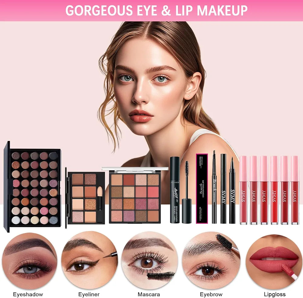 Professional All-in-One Makeup Kit: Complete Cosmetic Bundle with Eyeshadow, Foundation, Eyeliner, Contour, Lip Gloss, and Brushes