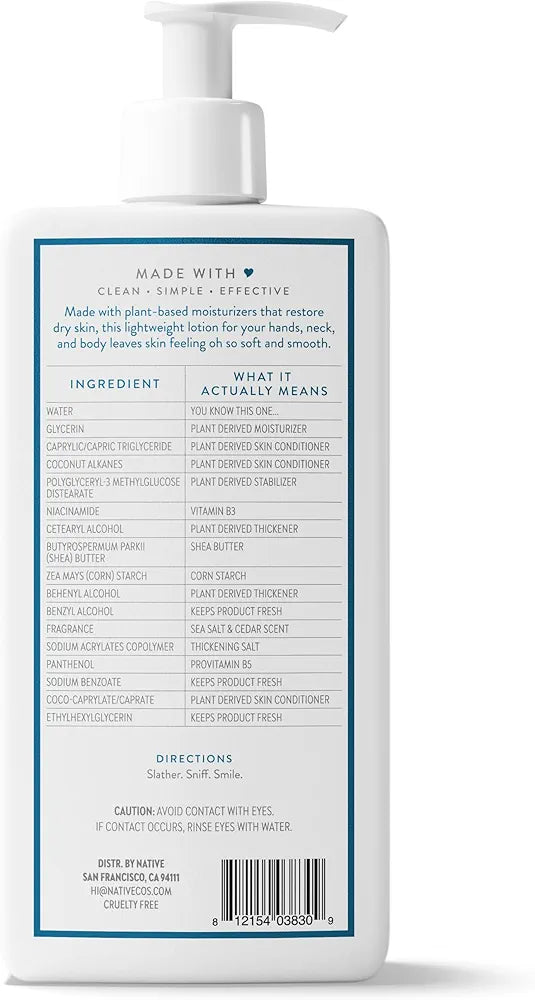Native Body Lotion, Sea Salt & Cedar, 48-Hour Hydration for Dry & Sensitive Skin, Made with Plant-Based Moisturizers like Shea Butter, Silicone & Paraben Free, 16.5 fl oz