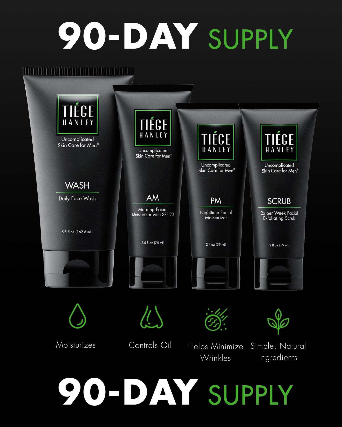 Tiege Hanley Essential Men's Skin Care Set, 30-Day, 4 Piece Kit | Level 1 Essential Routine, Daily Face Wash, Facial Scrub, AM SPF & PM Moisturizers