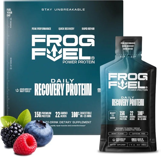 Frog Fuel Power Regular Complete Liquid Protein Shot, 15g, Nano Hydrolyzed & Grass Fed Collagen, Post Workout, Gluten Free, Fat & Sugar Free, 22 Amino Acids, 0 Carbs, Berry, 24 Pack