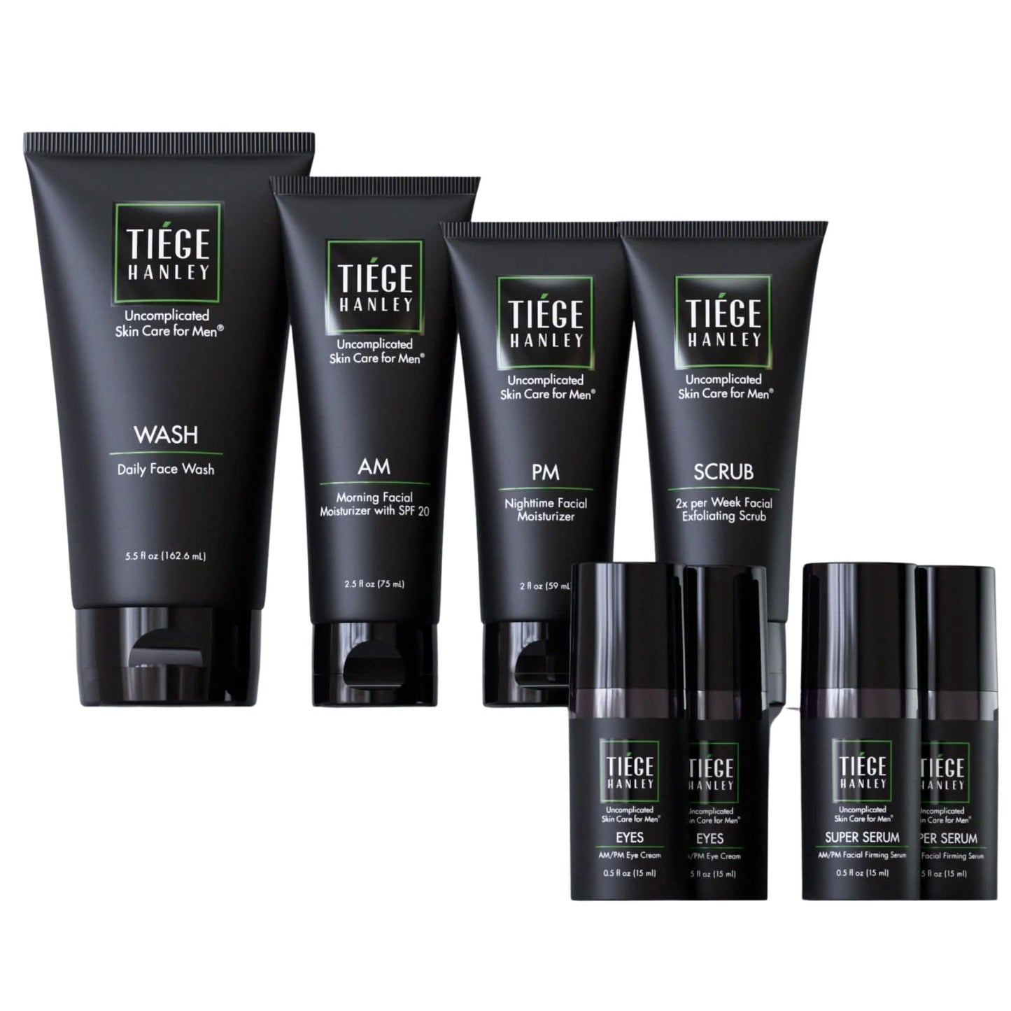 Tiege Hanley Essential Men's Skin Care Set, 30-Day, 4 Piece Kit | Level 1 Essential Routine, Daily Face Wash, Facial Scrub, AM SPF & PM Moisturizers