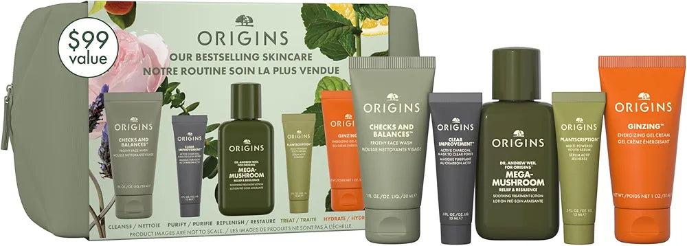 Origins Ultimate Skincare Essentials Set: Cleanser, Mask, Treatment Lotion, Serum, and Moisturizer with Peptides, Hyaluronic Acid, and Niacinamide