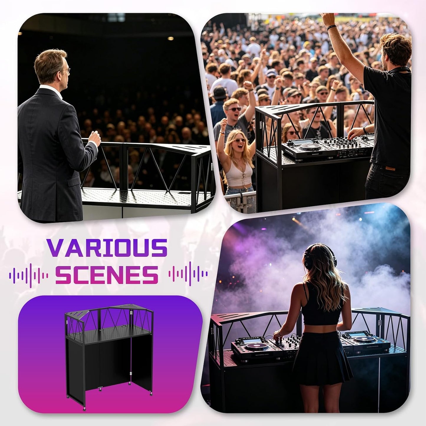 Portable DJ Booth Facade Stand, DJ Table Stand, DJ Facade Booth with White & Black Scrims, Includes Carry Bag & Two Top Corners Table, Tool-Free Setup, for Parties, Events, Studios (40"L x 20"W)