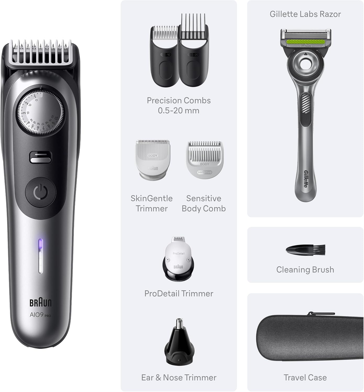 Braun All-in-One Series 9 PRO Men's Electric Beard Trimmer, Hair Clipper, Shaver & Razor for Face, Hair & Body, AIO 9550 with Gillette Labs Razor, Cordless