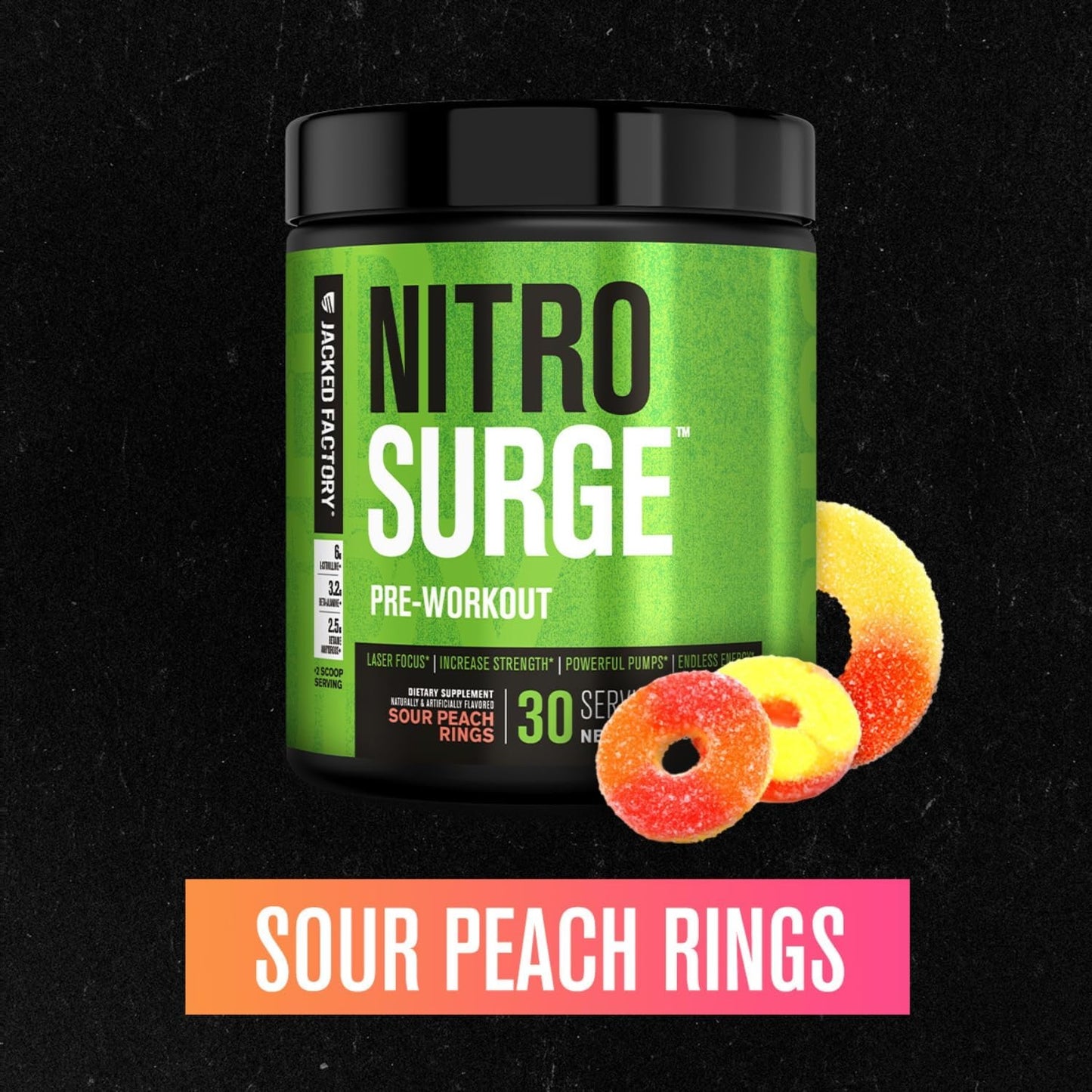 Jacked Factory NITROSURGE Pre Workout Supplement - Endless Energy, Instant Strength Gains, Clear Focus, Intense Pumps - NO Booster & Preworkout Powder with Beta Alanine - 30 Servings, Cherry Limeade