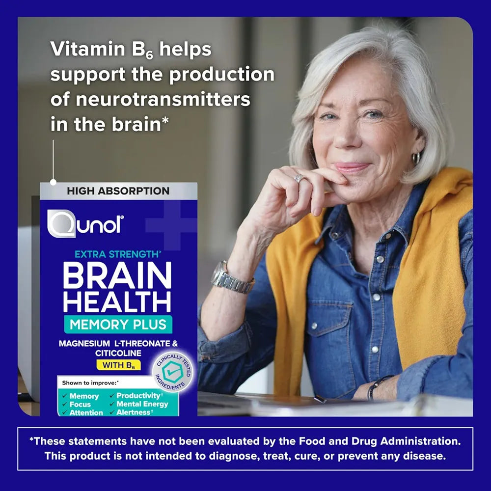 Qunol Brain Health Memory Plus with B6, Magnesium L-Threonate & Citicoline, Clinically Tested Ingredients to Improve Memory, Focus, Attention and Productivity, 60 Count 
