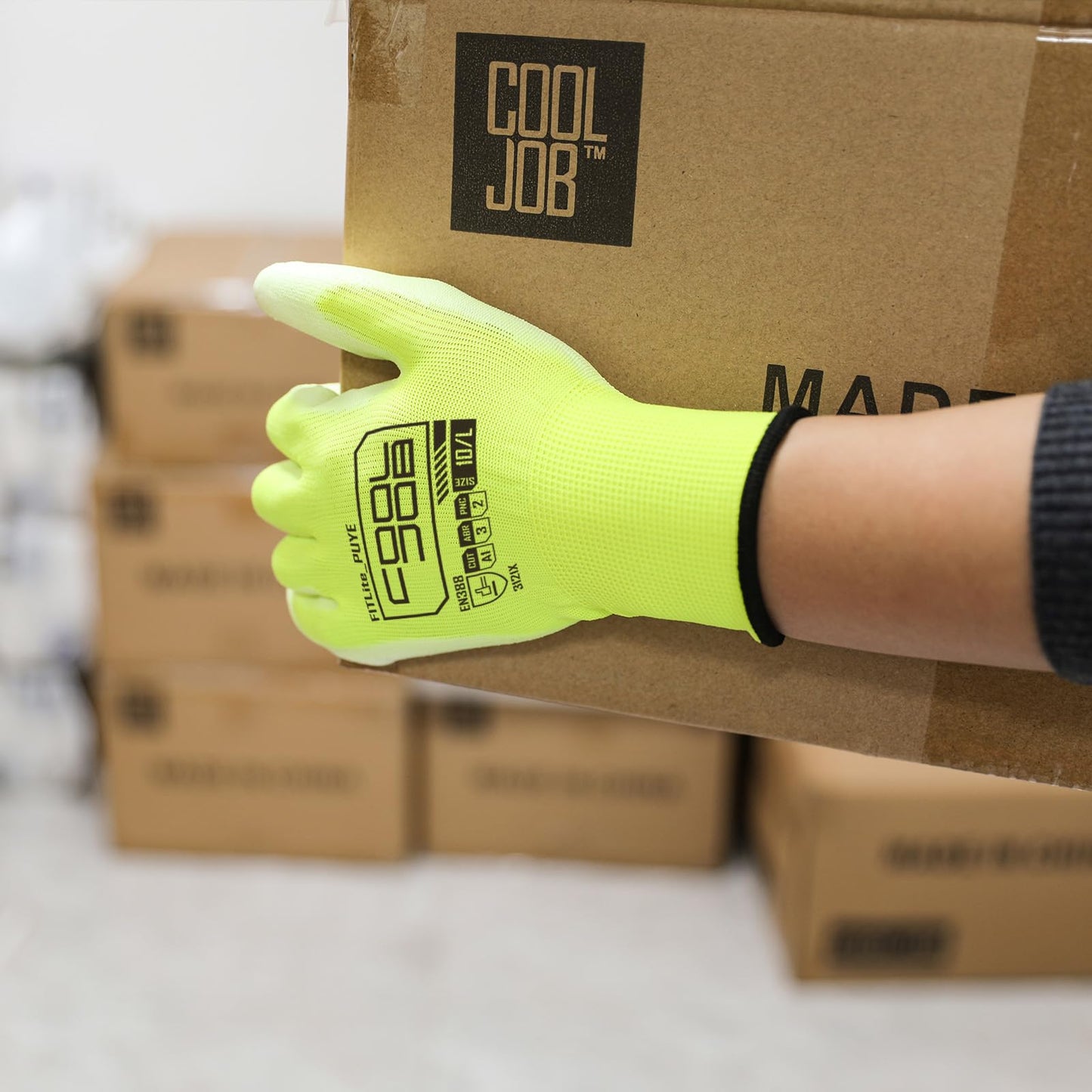 COOLJOB 12/60 Pairs Safety Work Gloves Pack Bulk with Grip PU Coating | Breathable Lightweight Gloves with Polyurethane Dipped for Men Women, 13 Gauge Seamless Knit Thin Gloves, Blue Large