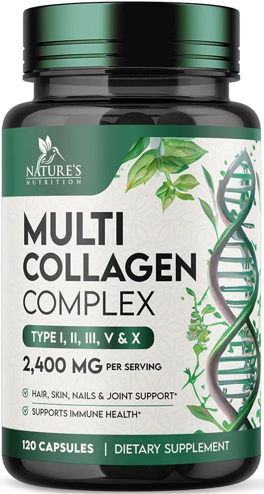 Multi Collagen Pills - Hydrolyzed Collagen Peptides Capsules for Women & Men - Types I, II, III, V, X Multi Collagen Complex - Hair, Skin & Nails Support Supplement - Bottled in the USA - 120 Capsules