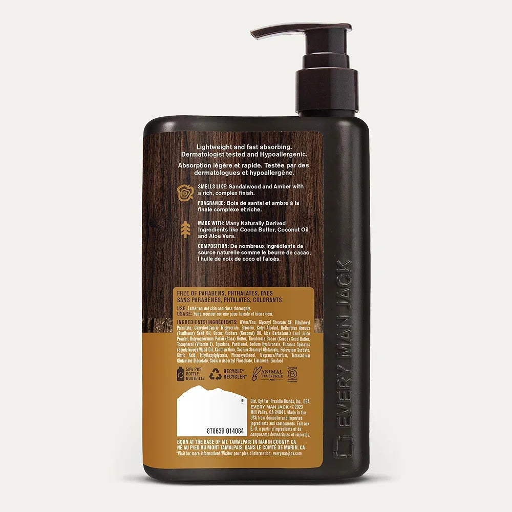 Every Man Jack Amber + Sandalwood Hand & Body Lotion, 13.5oz - Hypoallergenic & Fast-Absorbing