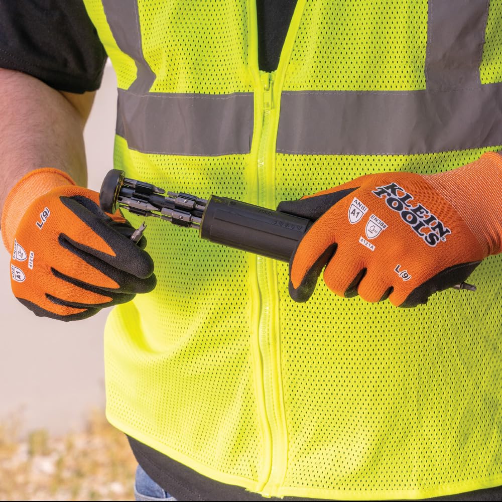 KLEIN TOOLS 60580 Work Gloves, Knit Dipped Cut Resistant ANSI A1 Nitrile Coated Gloves, Nylon-Spandex, Touchscreen Capable, Medium, 2-Pair