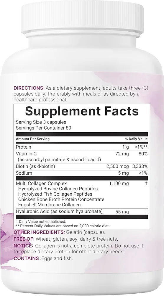 Micro Ingredients Multi Collagen Pills for Women & Men, 240 Capsules | Type I, II, III, V, X | Hydrolyzed Protein Peptides with Biotin, Hyaluronic Acid, & Vitamin C Complex | Keto & Paleo Friendly