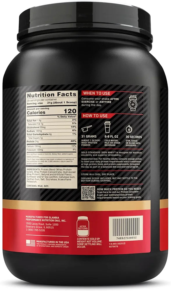 Optimum Nutrition Gold Standard 100% Whey Protein Powder, Vanilla Ice Cream, 2 Pound 
