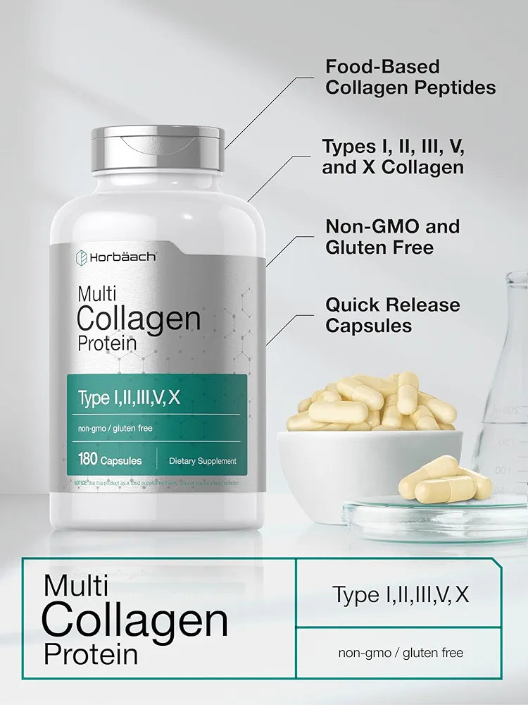 Horbäach Multi Collagen Protein 2000 mg | 180 Capsules | Hydrolyzed Collagen Type I, II, III, V, X | Keto & Paleo Friendly, Non-GMO, Gluten Free Supplement