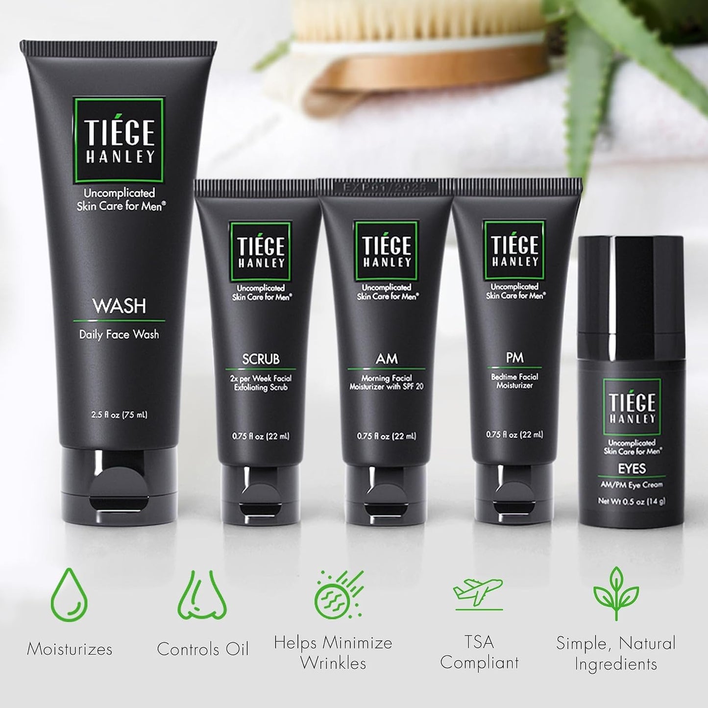 Tiege Hanley Essential Men's Skin Care Set, 30-Day, 4 Piece Kit | Level 1 Essential Routine, Daily Face Wash, Facial Scrub, AM SPF & PM Moisturizers