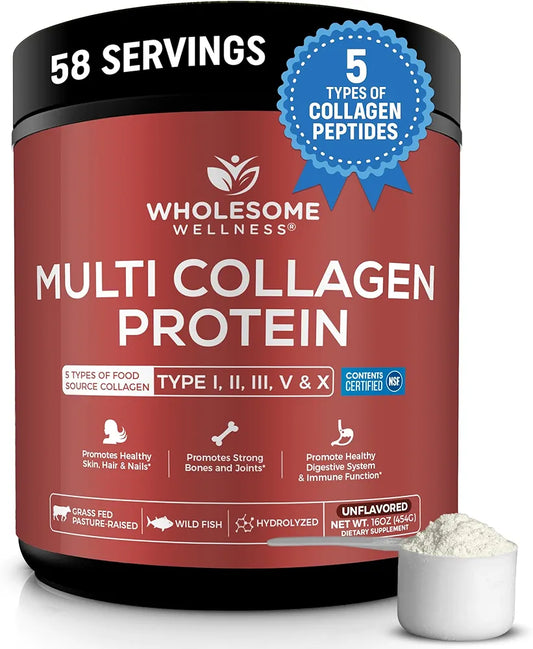Wholesome Wellness Premium Multi Collagen Peptides Protein Powder for Women and Men, 5 Types of Hydrolyzed Collagen, Grass-Fed, Non-GMO & Unflavored, Pure Protein for Youthful Skin & Joint Recovery