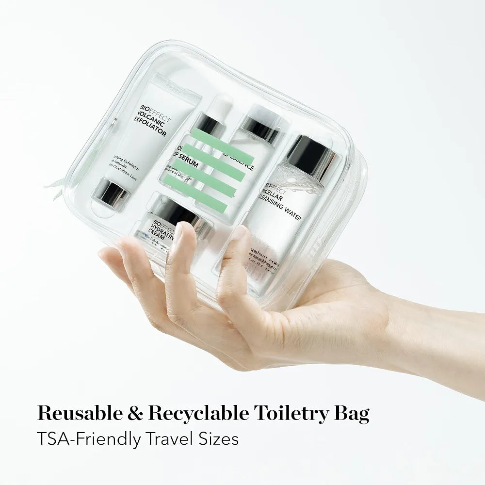 BIOEFFECT EGF Age-Defying Skincare Travel Set: Serum, Hydrating Cream, Essence Toner, Micellar Cleanser & Volcanic Exfoliator