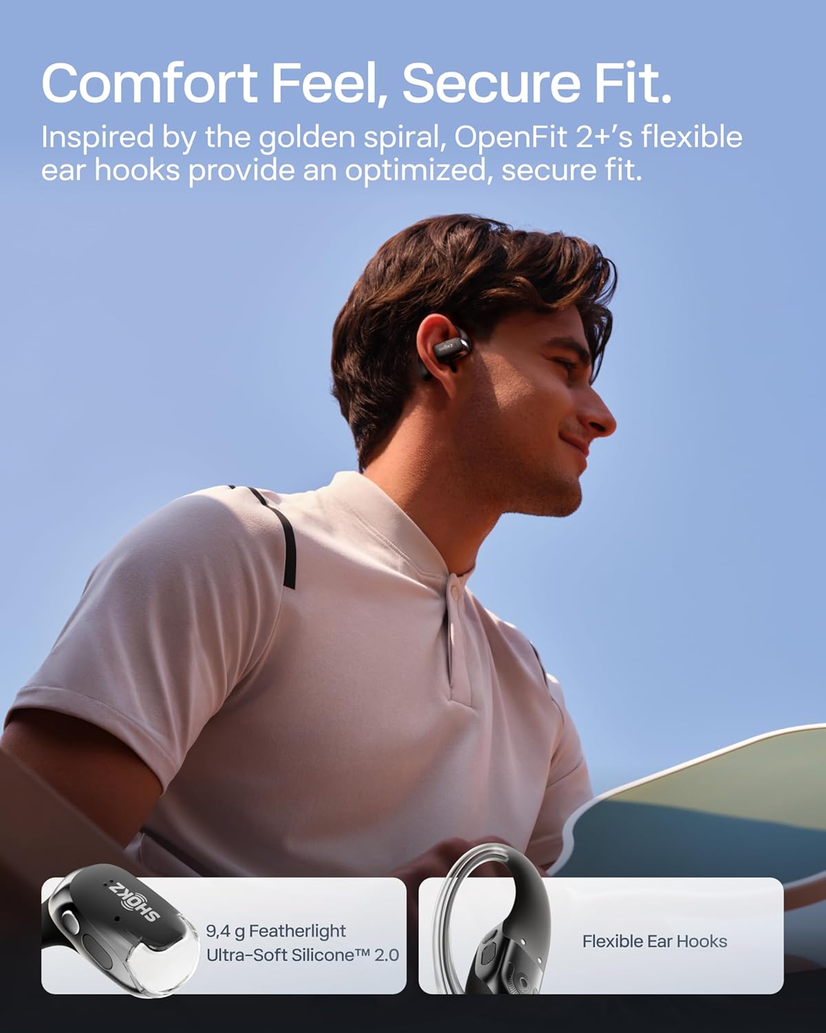 SHOKZ OpenFit 2+ Open-Ear Earbuds, Black, Dolby Audio,Wireless Charging | Soft Ear Hooks； IP55 Water-Resistant; USB-C Fast Charging；48H Playtime; Gym/outdoor/home use